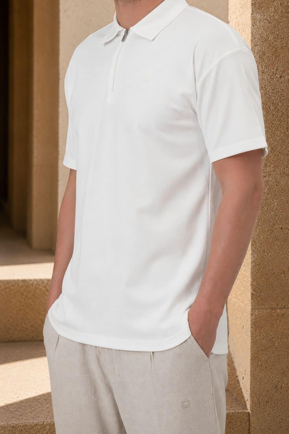 Oversized polo met rits qabail ecru
